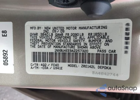 2010 Toyota Corolla Le z USA, uszkodzony, nr VIN 1NXBU4EE9AZ257320